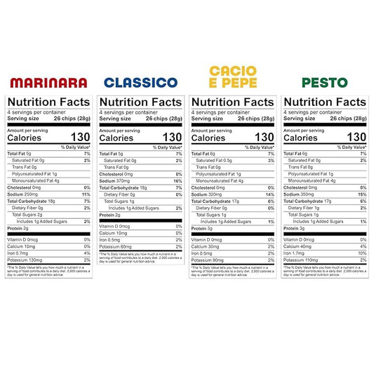 "Tantos Puffed Pasta Chips Variety Pack Pesto, Marinara, Cacio e Pepe, Classico Plant Based Low Calorie Snack 4 oz, Pack of 4"