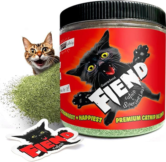 Fiend Three (3 Count) Catnip + Silvervine for Cats & Kittens Safety-Cut Premium Fine Cat Nip Blend with Vegan Silvervine Ultra Potent, North American – 1 Cup (34.5g) Create a Monster!